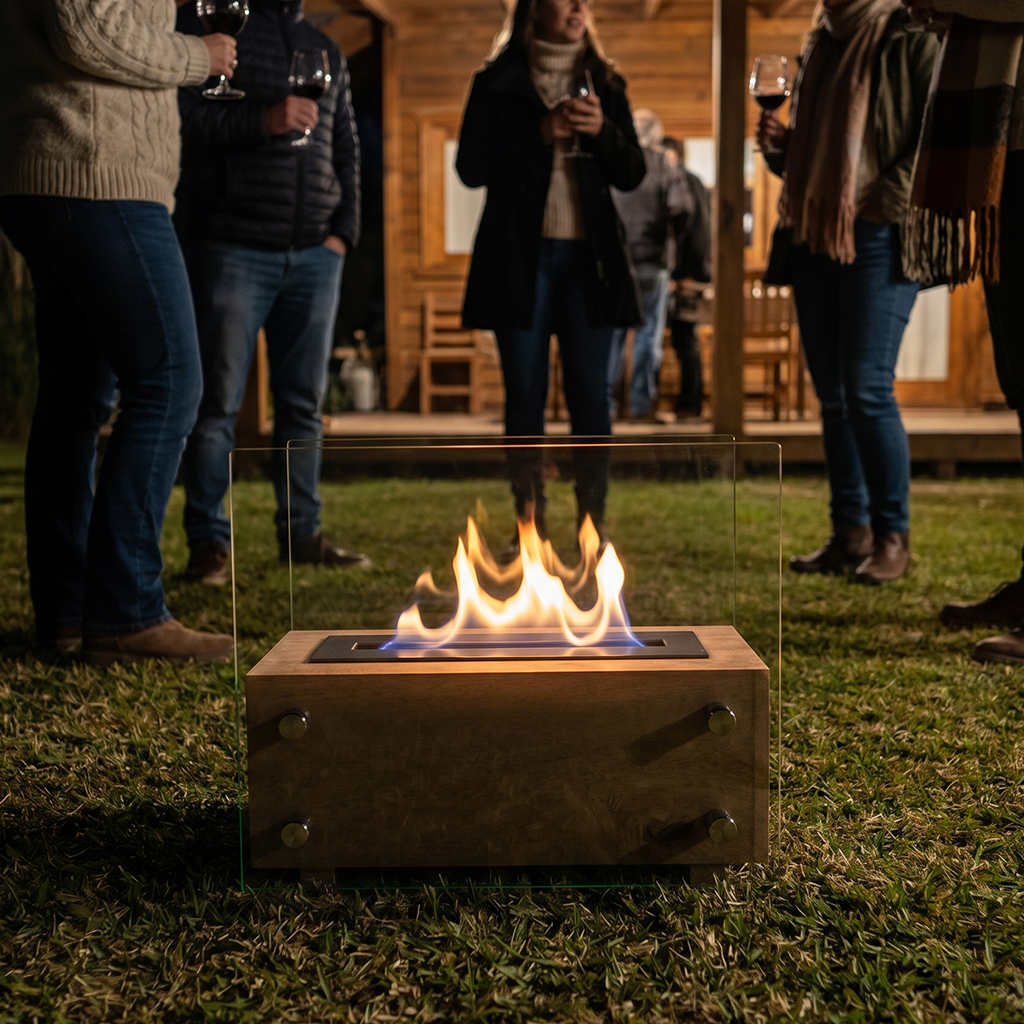Lareira de mesa Vallorani acesa em sala de luxo